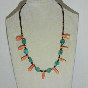 Handmade Artisan Turquoise Necklace with spiny oyster beads Upcycled